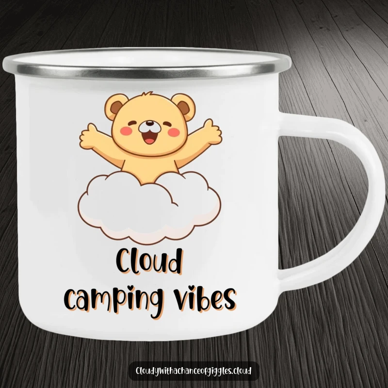 Funny bear cub joyfully riding a fluffy cloud with arms outstretched, a durable and humorous camping mug for outdoor enjoyment and dreams.