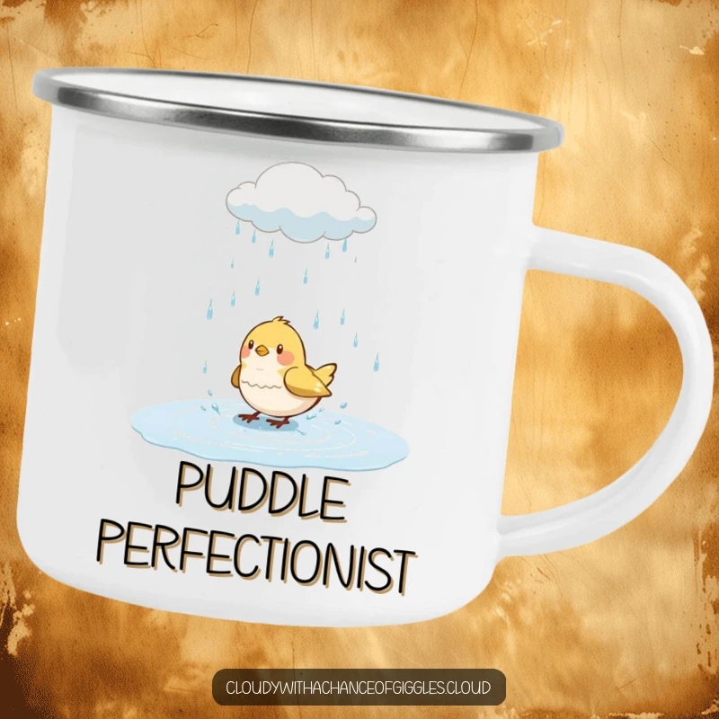 Funny bird camping mug, a bird happily splashing in a puddle under a rain cloud, durable and humorous outdoor cup.