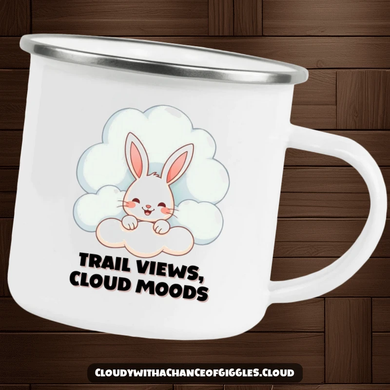 Funny camping mug with a smiling bunny peeking from a whimsical cloud, durable for outdoor adventures and cheerful mornings.