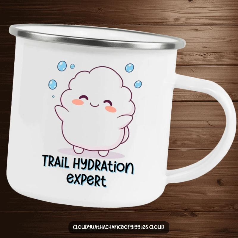 Funny camping mug featuring a plump cloud animal character happily juggling raindrops, ideal for enjoying drinks outdoors.