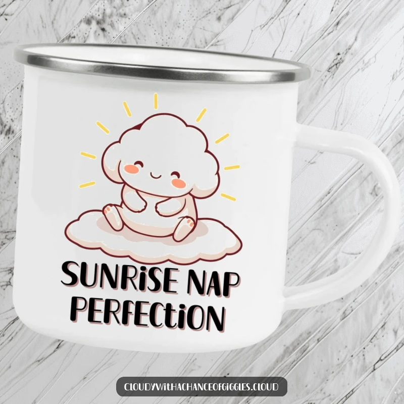 Funny camping mug featuring a smiling cloud animal character stretching on a sunbeam, perfect for enjoying drinks outdoors.