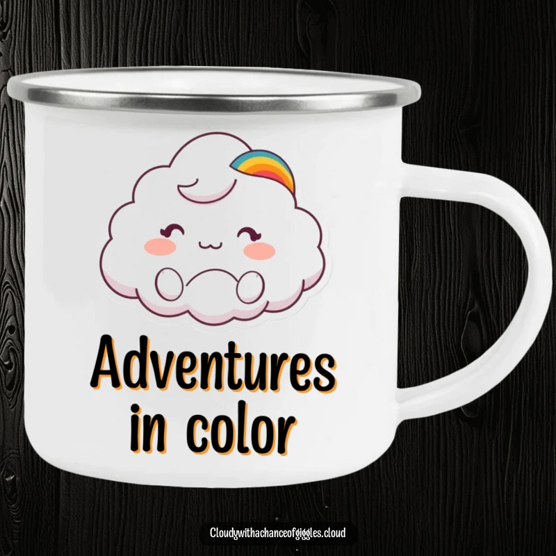 Funny camping mug featuring a cute cloud animal character in a rainbow hat waving hello, ideal for outdoor drinks.