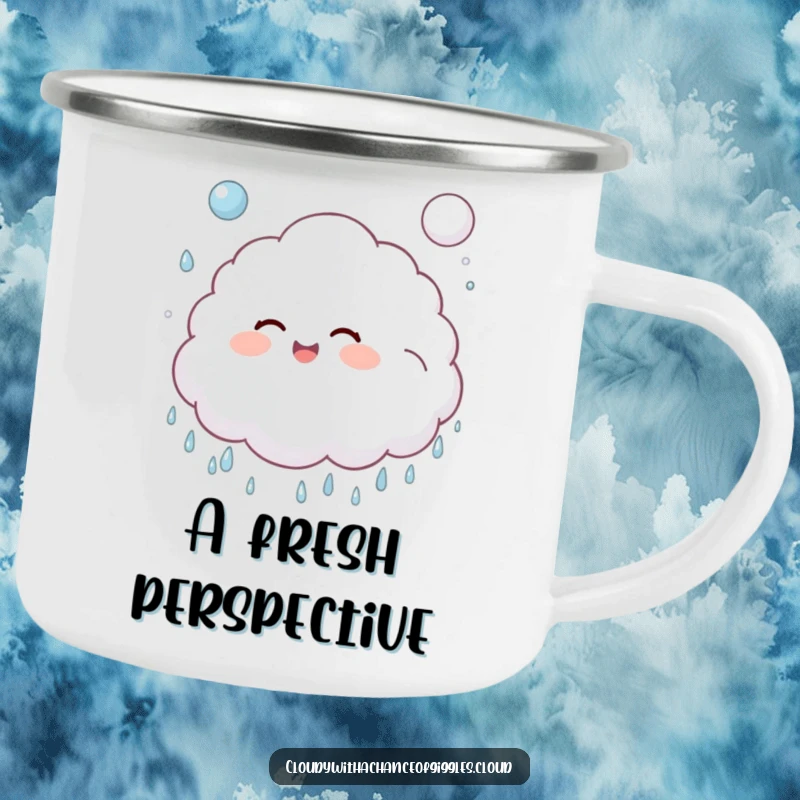 Funny, fluffy cloud child giggling and bouncing a soft, puffy raindrop like a ball on a camping mug.