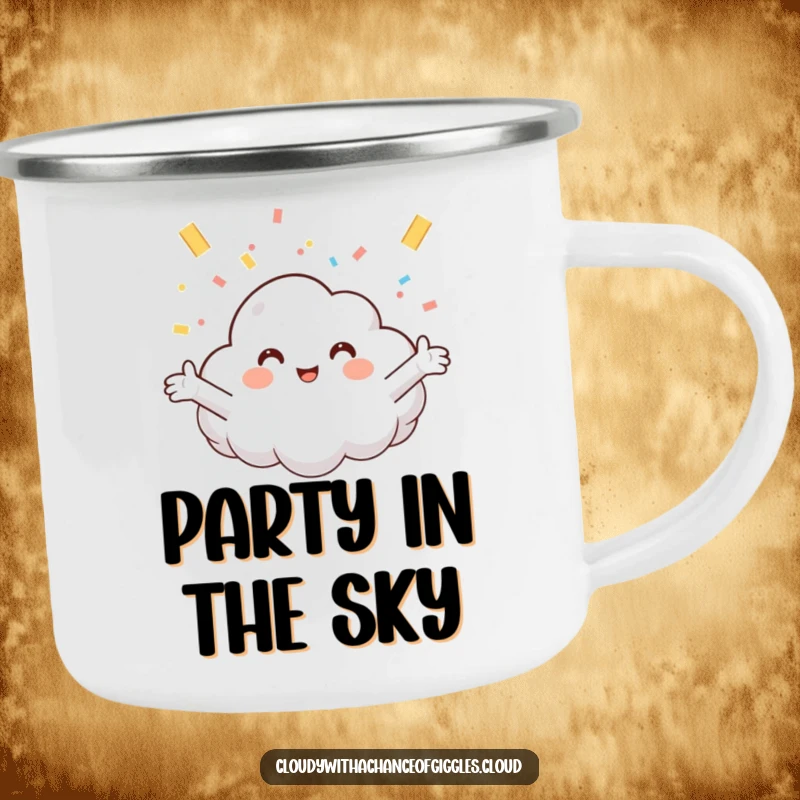 Funny camping mug with a smiling cloud catching confetti, bringing joy and humor to outdoor drinks and adventures.