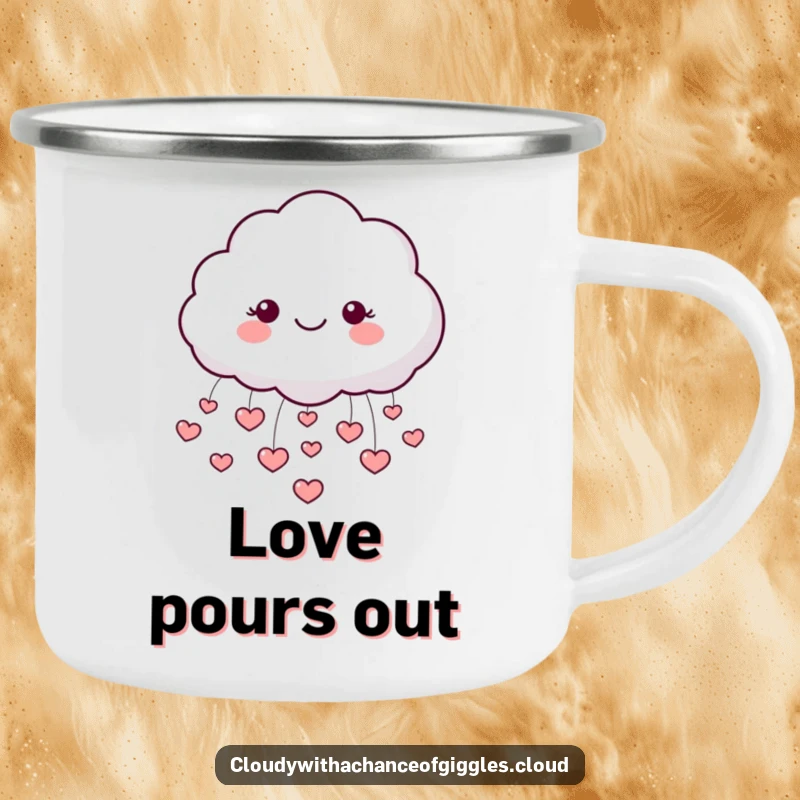 Funny enamel camping mug with a cheerful cloud character showering small hearts, perfect for outdoor use.