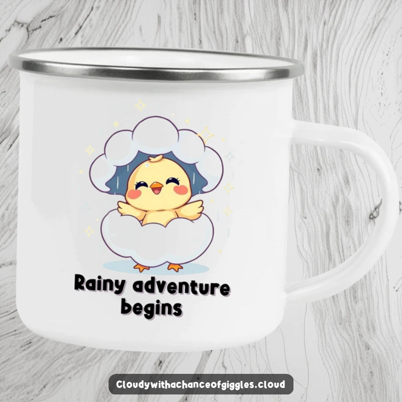 Funny giggling chick hatching from a rain cloud camping mug, perfect for cheerful outdoor mornings.