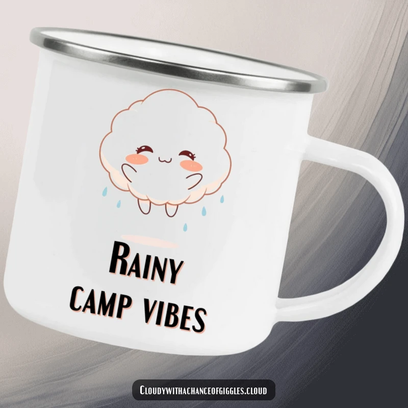 Funny fluffy white cloud with rosy cheeks, jumping joyfully and raining, on a camping mug, for cheerful outdoor sips.