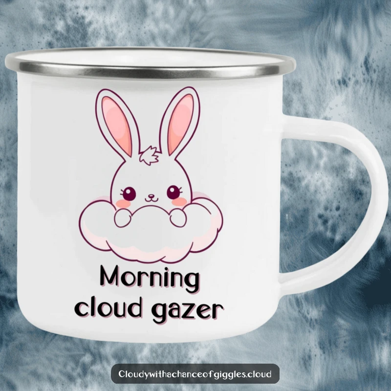 Funny Kawaii Bunny Camping Mug: A cute bunny peeking from a smiling cloud, ready for outdoor adventures and humor.