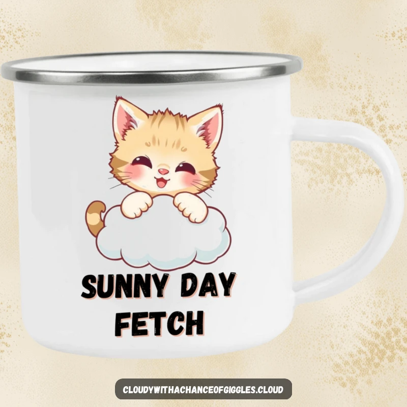 Funny camping mug with a curious kitten batting at a smiling cloud, designed for outdoor enthusiasts who love playful charm.