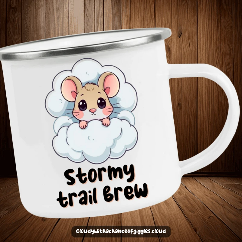 Funny mouse with big eyes peeks from a thundercloud, ready for adventure on this sturdy camping mug.