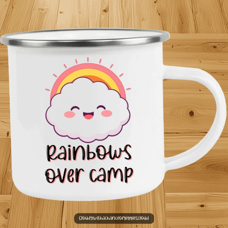 Funny camping mug featuring a smiling cloud character with a rainbow bursting from its grin, ideal for outdoor adventures and humor.