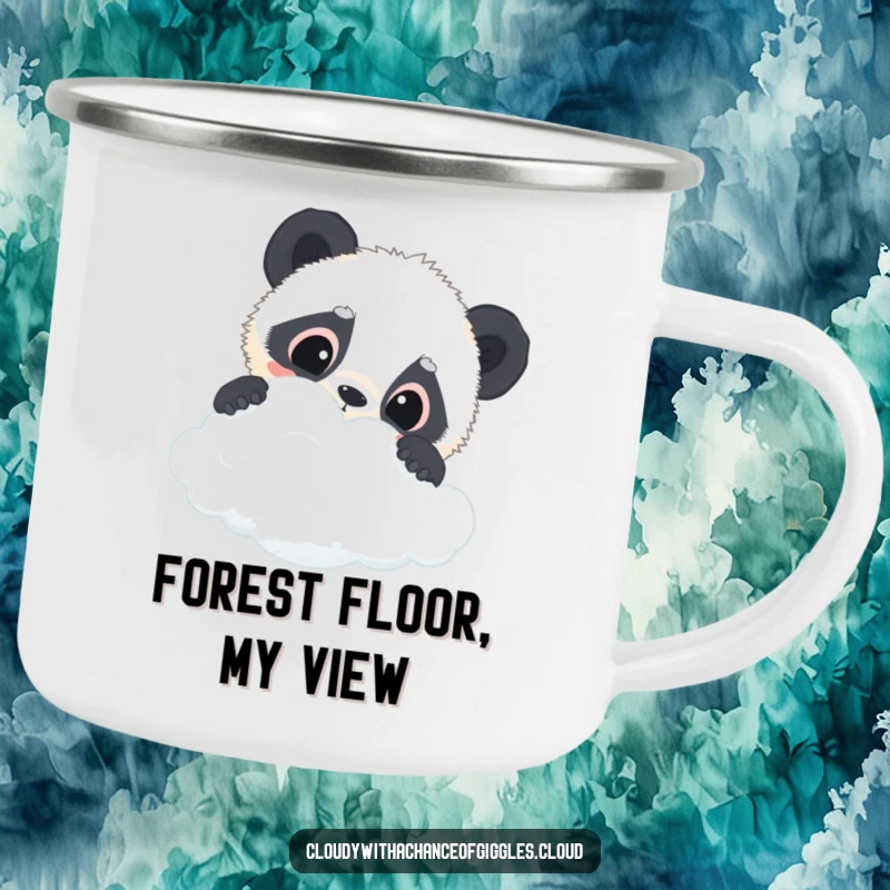 Funny panda cub camping mug showing a curious panda cub peeking over a cloud, perfect for outdoor enthusiasts.