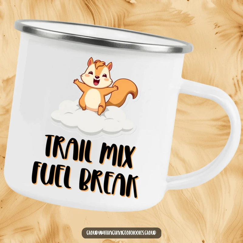 Funny squirrel camping mug showing a silly squirrel leaping from a cloud, perfect for outdoor fun and humor.