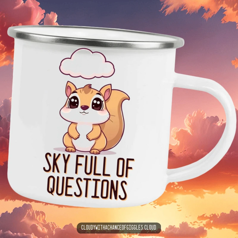 Funny squirrel camping mug, a wide-eyed squirrel gazing at a curious cloud, perfect for humorous outdoor excursions.