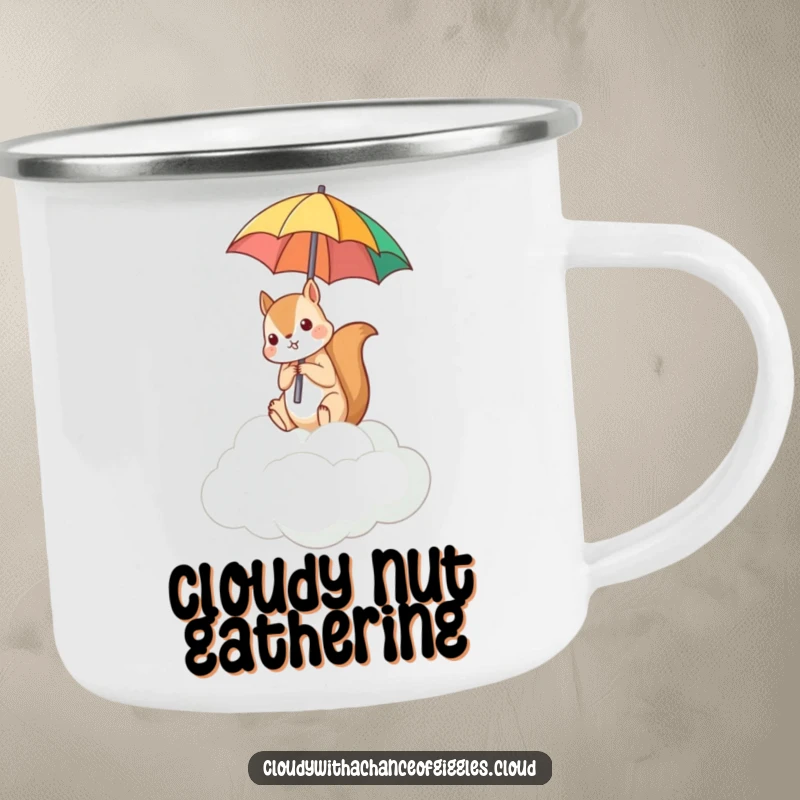 Funny enamel camping mug with a squirrel on a cloud, humorously holding an umbrella upside down.