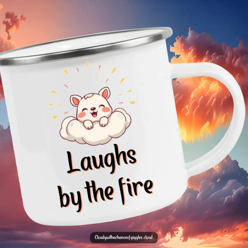 Funny Camping Mug depicting a shy animal peeking from a cloud bursting with laughter, symbolizing outdoor joy.