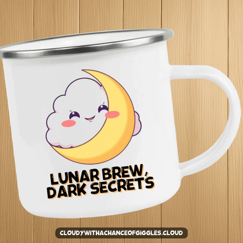 Funny Camping Mug: A mischievous cloud grins behind a moon, perfect for outdoor adventures and morning laughs.