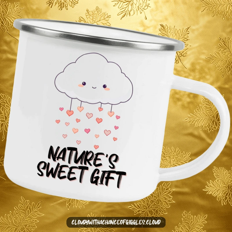 Funny camping mug with a fluffy white cloud raining hearts, perfect for outdoor adventures, a loving and funny gift.