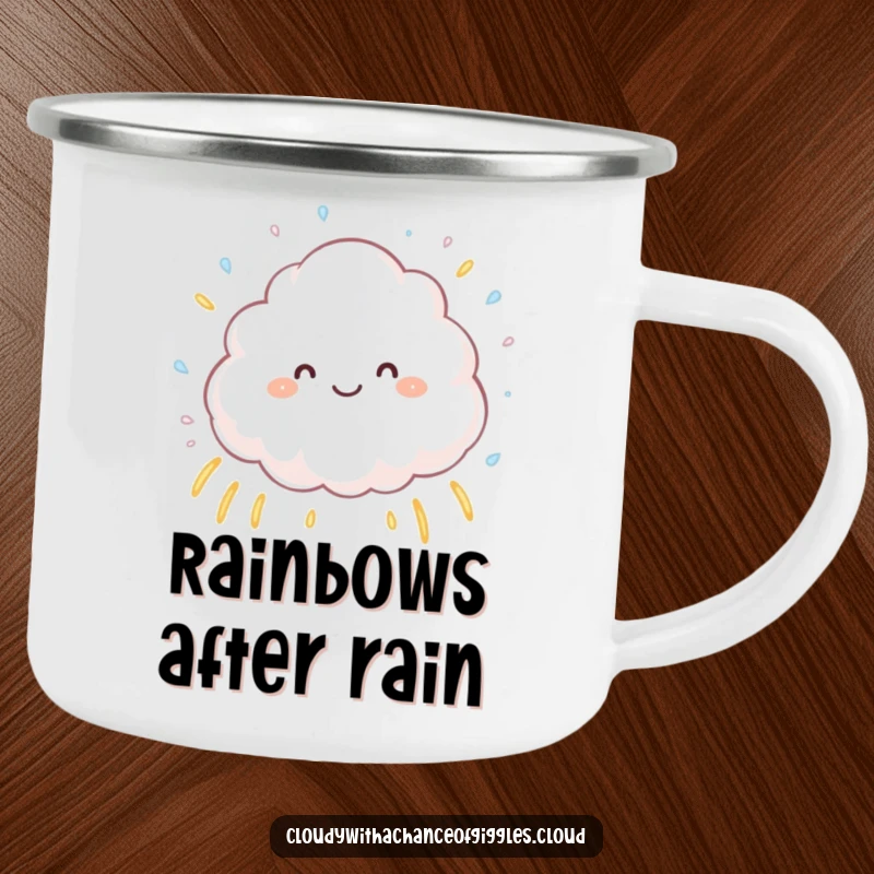 Funny fluffy cloud sprinkling tiny raindrops that create small rainbows, a durable and humorous camping mug for outdoor enjoyment and cheer.