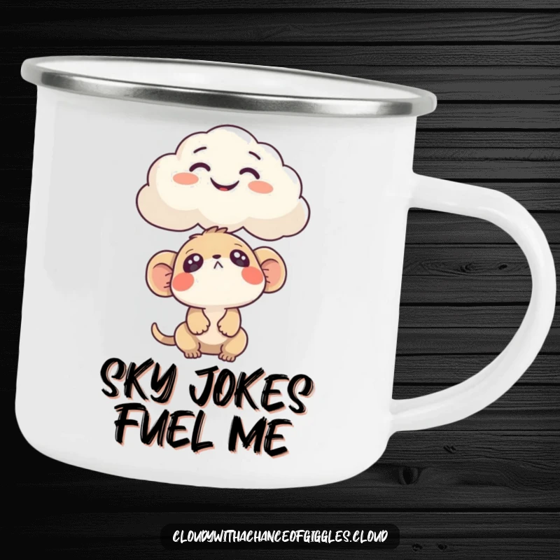 Funny Camping Mug featuring a curious creature looking up at a cloud shaped like a funny face. Durable and amusing drinkware.