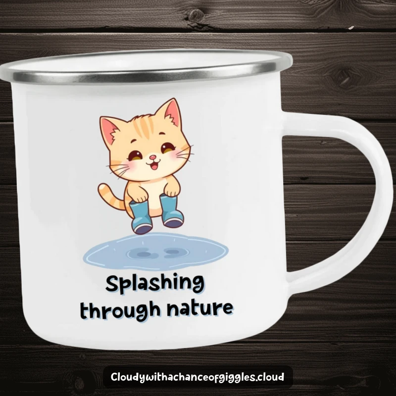 Funny cat in tiny rain boots jumping over a puddle, a rugged and humorous camping mug.