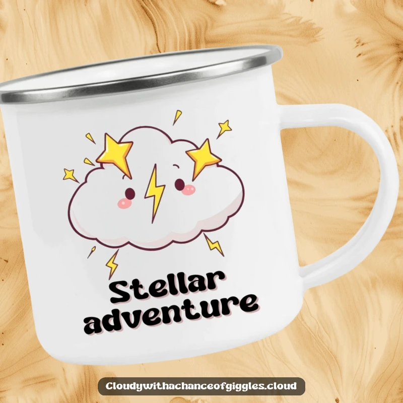 Funny cloud camping mug, a cloud zipping across the sky with lightning bolts shaped like stars, perfect for outdoor drinks.
