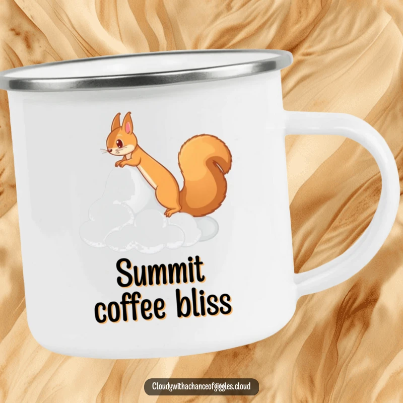 Funny camping mug with a squirrel scampering up a cloud mountain, ready for outdoor whimsy. A perfect funny gift.