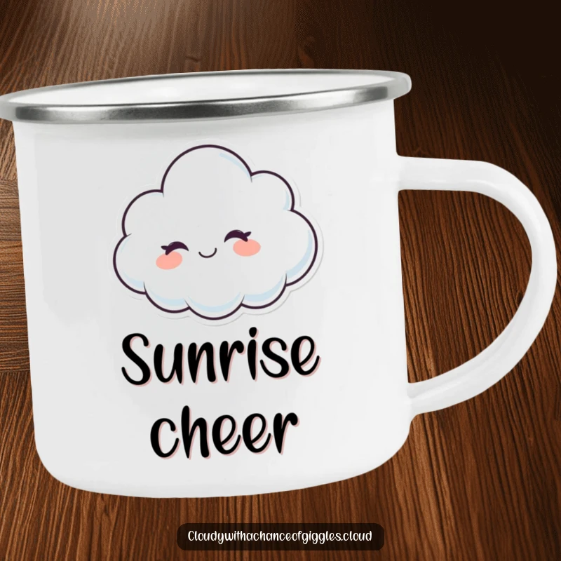 Funny whimsical cloud character winking with a friendly smile, a durable and humorous camping mug.