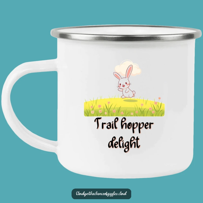 Funny Rabbit Hopping Camping Mug: Outdoor Joy with Smiling Cloud, Perfect Funny Gift