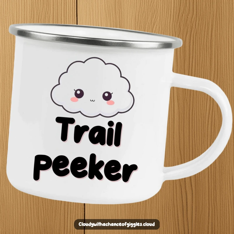 Funny cloud camping mug, a small shy cloud with big eyes peeking from behind a larger cloud, perfect for outdoor drinks.
