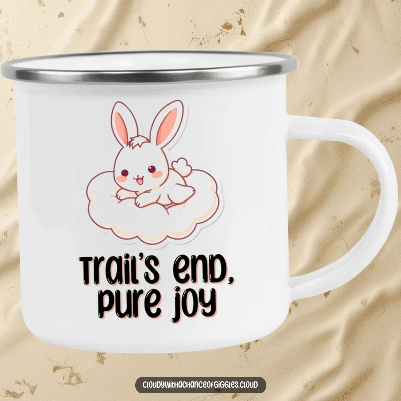 Funny bunny camping mug showing a cheerful bunny sliding down a cloud, perfect for outdoor fun and humor.