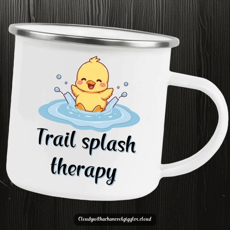 Funny duckling joyfully splashing in a cloud-shaped puddle, on a durable camping mug, perfect for enjoying beverages outdoors with humor.