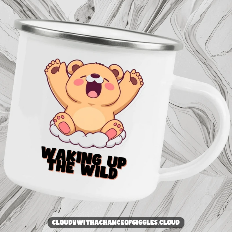 Funny Camping Mug: A sleepy bear cloud yawns widely, stretching its arms, ideal for cozy outdoor sips.