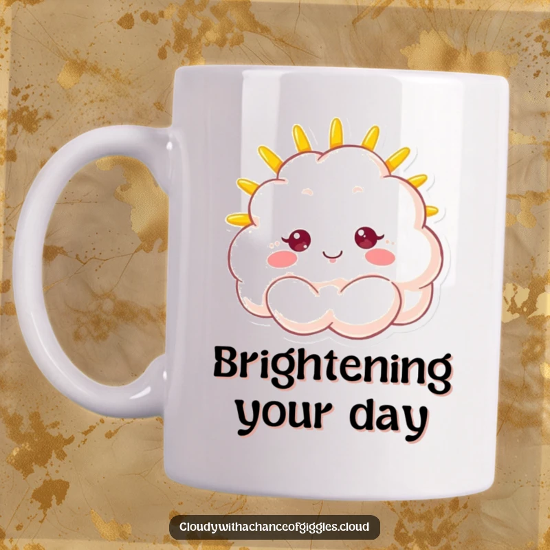 Funny mug featuring a fluffy cloud character with a bright sunshine face beaming with happiness and positivity.