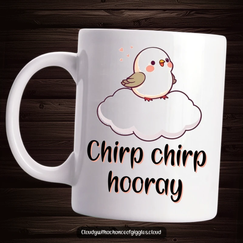Funny tiny bird chirping happily on a gently drifting cloud, featured on this amusing mug.
