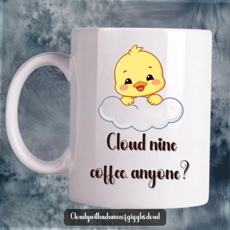 Funny duckling mug featuring a happy duckling peeking from a fluffy cloud, showcasing a delightful and cheerful expression.