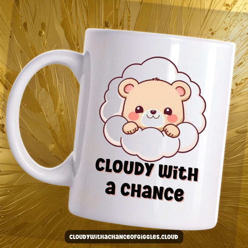 Funny mug with a small, cute bear cub peeking its head out from behind a large, friendly, smiling cloud.