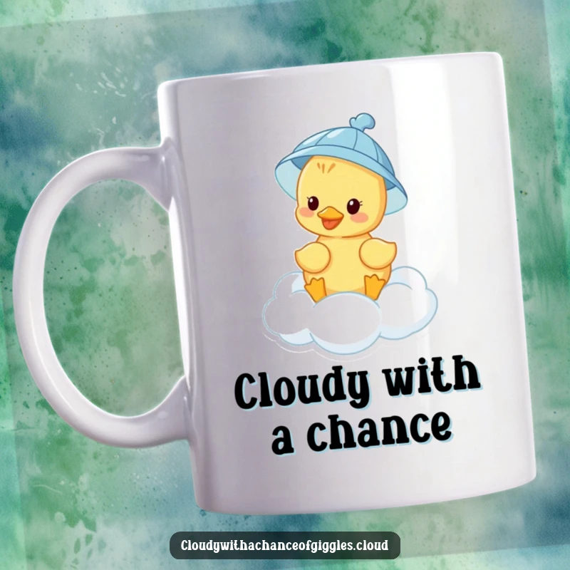Funny duckling wearing a rain hat floats happily on a cloud, bringing cheerful vibes to this cute mug set.