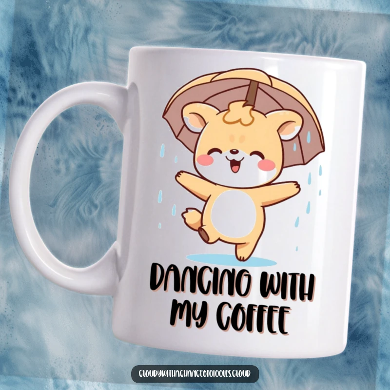 Funny Mug featuring a happy animal character joyfully dancing in a gentle, refreshing rain shower.