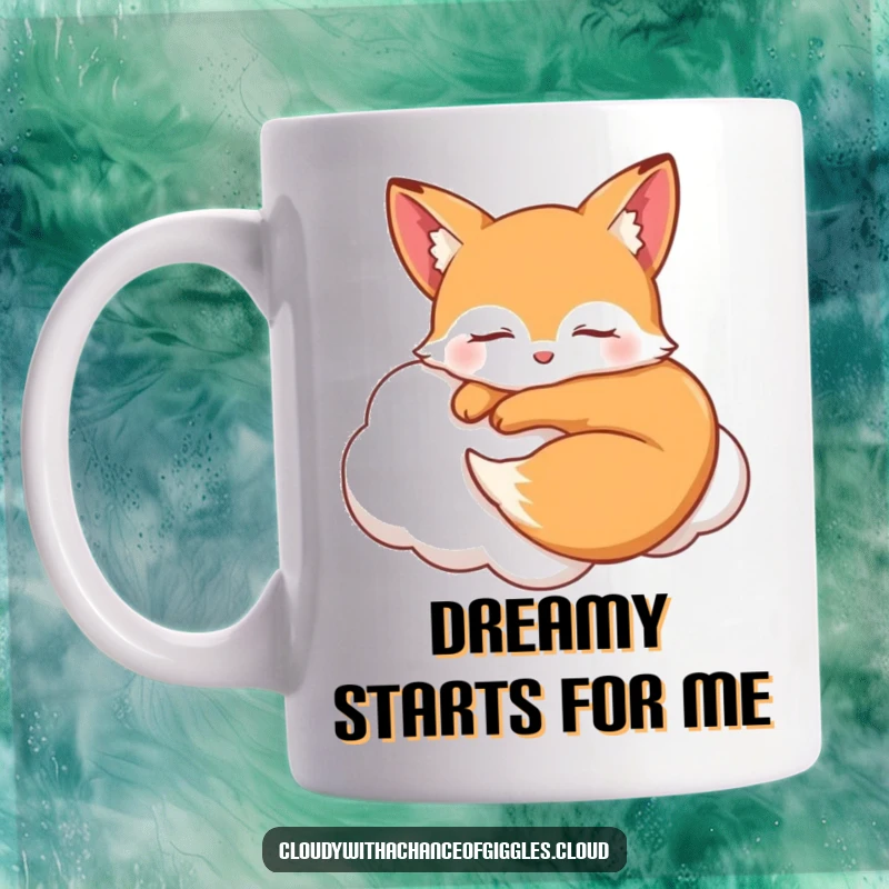 Funny sleepy fox curled up smiling on a soft cloud with closed eyes, embodying peaceful dreams and gentle humor, perfect gift.