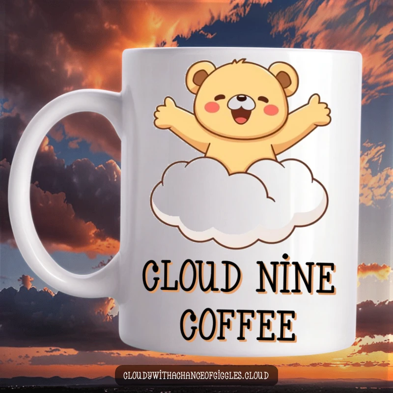 Funny bear cub gleefully riding a fluffy white cloud, arms outstretched in joyful delight, a whimsical and humorous depiction of carefree adventure.