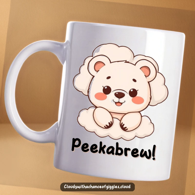 Funny mug with a smiling bear cub peeking from behind soft, billowing clouds, exuding cuteness and playful mischief, a perfect funny gift.