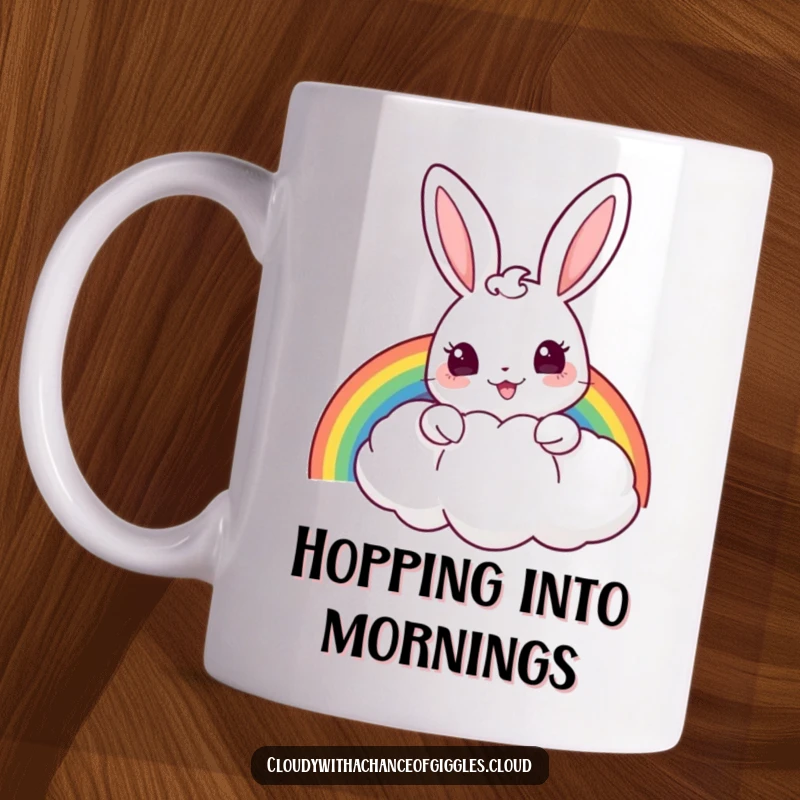 Funny mug with a cheerful bunny peeking from behind a puffy cloud, holding a colorful rainbow.