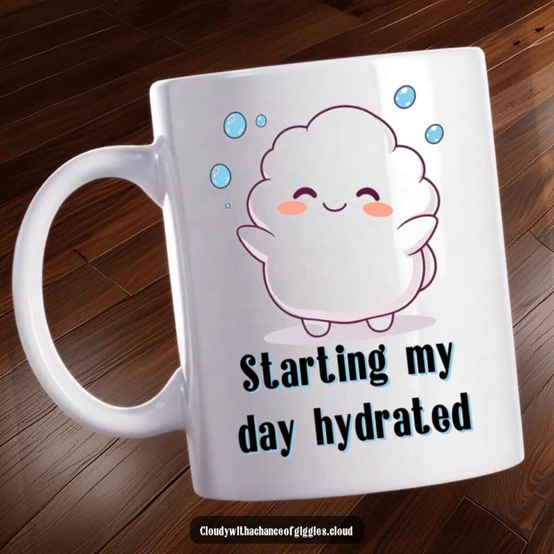 Funny mug featuring a plump, grinning cloud animal character happily juggling small raindrops with impressive skill.