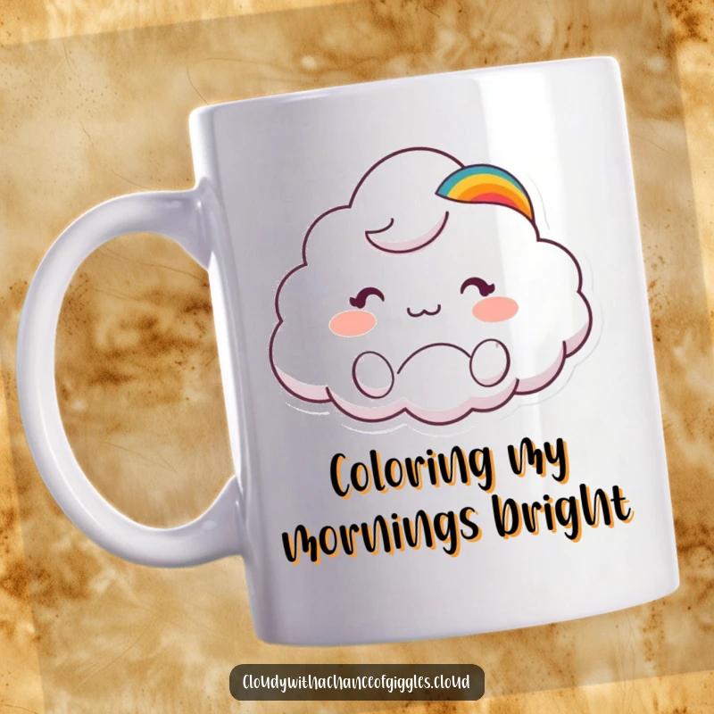Funny mug featuring a cute cloud animal character wearing a small rainbow hat and waving hello with a friendly smile.