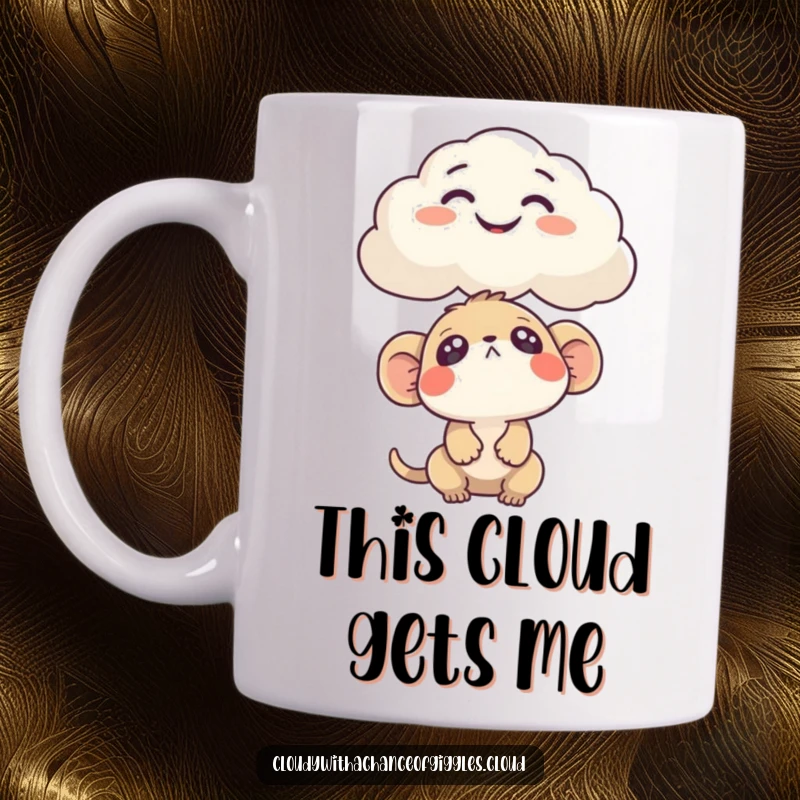 Funny Mug featuring a curious creature looking up with wide eyes at a fluffy cloud humorously shaped like a face.