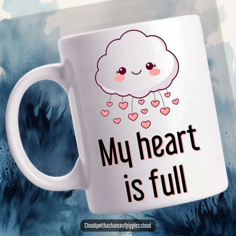 Funny mug with a round, fluffy cloud character smiling and raining tiny red hearts, expressing pure joy and love.