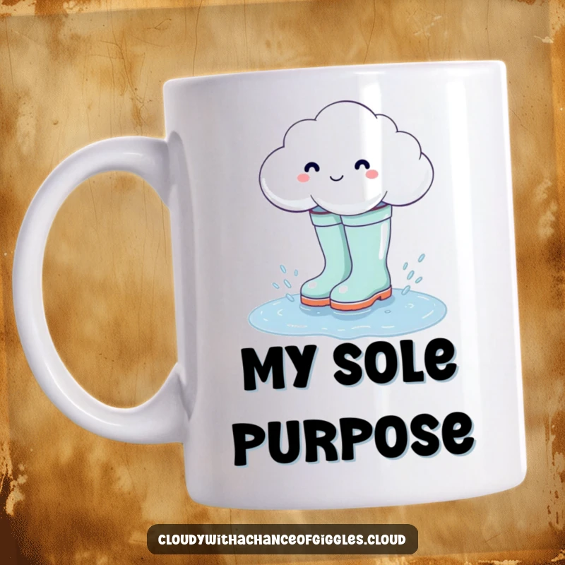 Funny cloud wearing oversized rain boots, joyfully splashing in a puddle, perfect for a cheerful mug gift.