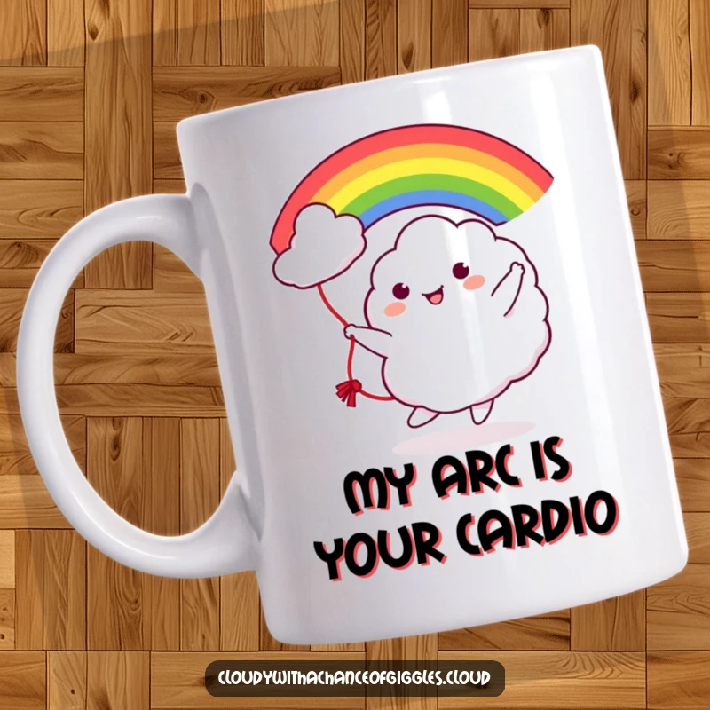 Funny Cloud Rainbow Jump Rope Mug: Cute character tossing a vibrant rainbow like a jump rope, expressing pure fun and joy.