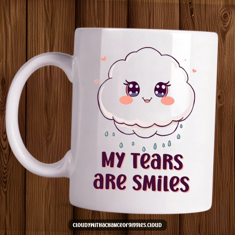 Funny Mug featuring a fluffy kawaii cloud character with wide eyes, playfully raining tiny, delightful smile icons.